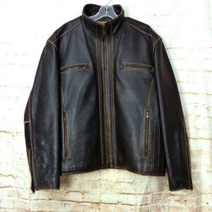 Andrew Marc NY Jacket Men XXL Distressed Black Leather Moto Biker Quilted Lined